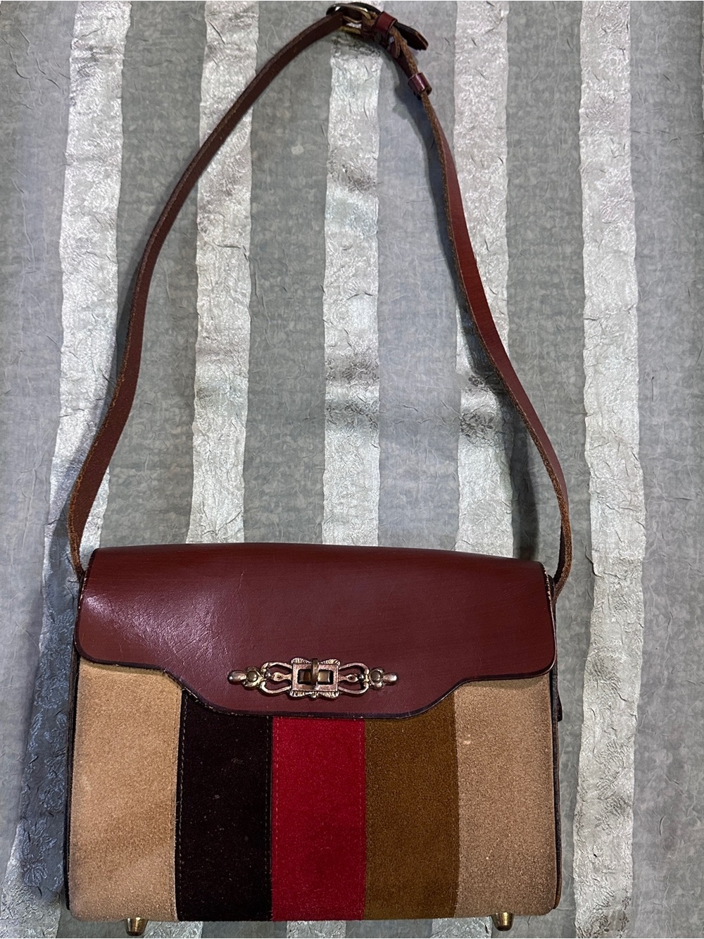 90s Vintage Suede & Leather Stripe Patchwork Shoulder Bag Brown Burgundy